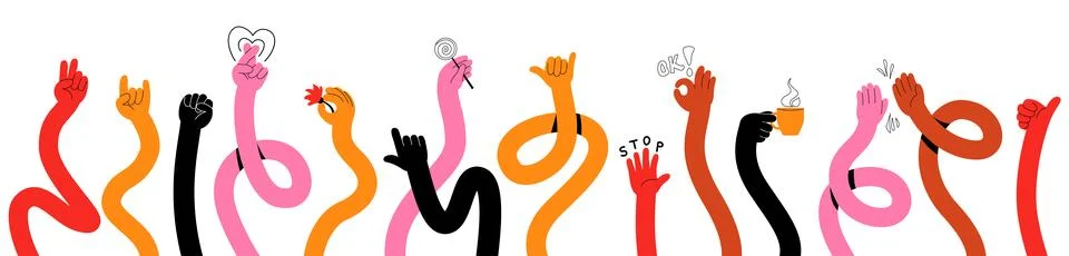 Hand gesture set vector illustration background. Color long arms with victo.. Stock Illustration