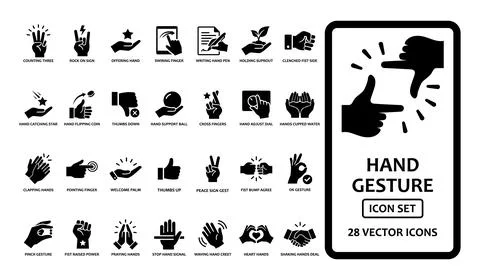 Hand Gesture solid icon set. Includes symbols for thumbs up, peace sign, sh.. イラスト素材