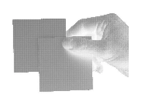 Hand gesture touching a geometric square shape in detailed halftone dot sty.. Ilustración de archivo