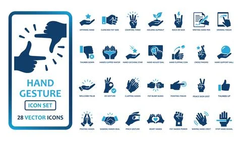 Hand gesture vector icon set. Symbols include thumbs up, peace sign, handsh.. Stock Illustration