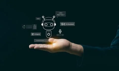 Hand Gesture with a Virtual Assistant Displaying a Chatbot Interface and AI.. 库存照片