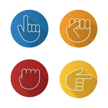 Hand gestures flat linear long shadow icons set Stock Illustration