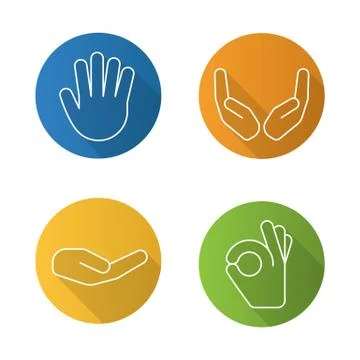 Hand gestures flat linear long shadow icons set Stock Illustration