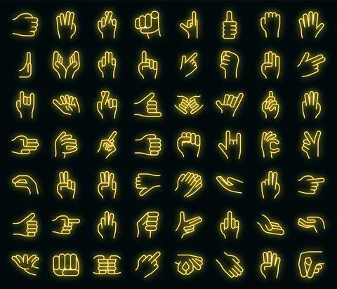Hand gestures icons set vector neon Stock Illustration