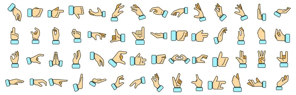 Hand gestures icons set vector color line Stock Illustration