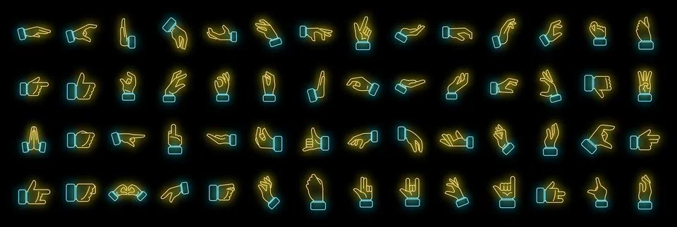 Hand gestures icons set vector neon Stock Illustration
