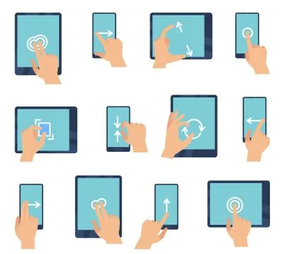 Hand gestures touching screen devices. Fingers gesture for tablet and smartphone Illustrazione stock