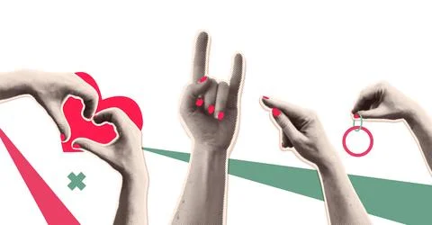 Hand gestures vector illustration set. Diverse hands making gestures heart,.. Stock Illustration