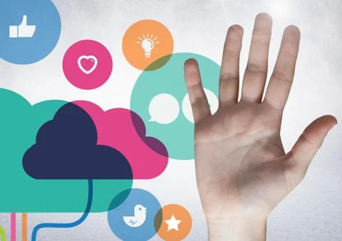 Hand gesturing against cloud computing concept Stock Photos