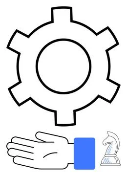 Hand Gesturing Beneath Gear Symbol with a Chess Knight Suggests Strategic M.. 库存插图