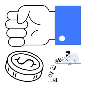 Hand Gesturing with Coin and Man Building with Blocks Depicting Risk Concept Illustrazione stock