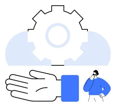 Hand Gesturing with Gear and Thoughtful Person Representing Support and Pro.. Stockillustratie
