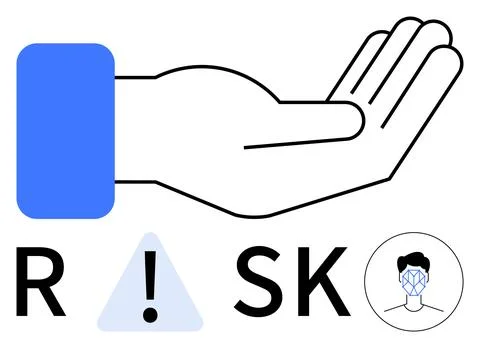 Hand gesturing with palm up, accompanied by the word RISK, warning triangle,  Stock Illustration