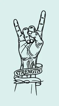 Hand Gesturing Rock Sign with Strength Text Sketch Иллюстрация