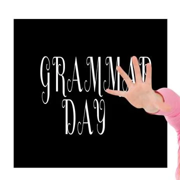 Hand gesturing stop sign against grammar day text on black background Stock Photos