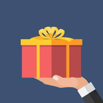 Hand with Gift Box Flat Design. Present, Gift, ?oupon Concept. Vector Illustr Stock Illustration