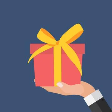 Hand with Gift Box Flat Design. Present, Gift, oupon Concept.  Illustration Stock Illustration