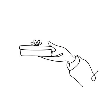 Hand with gift. Holding box with bow. Offering present in for holiday. Vector Stock Illustration