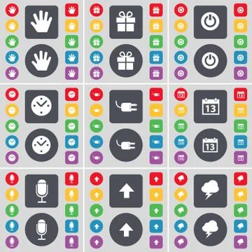 Hand, Gift, Power, Clock, Socket, Calendar, Microphone, Arrow up, Lightning icon Illustrazione stock