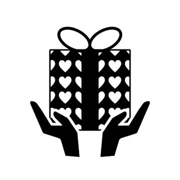 Hand with gift solid icon. Hands holding present with hearts wrap vector Stock Illustration
