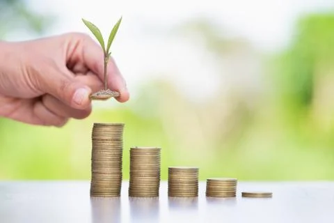 Hand giving a coin to a tree growing from pile of coins.Financial accounting, Stock Photos