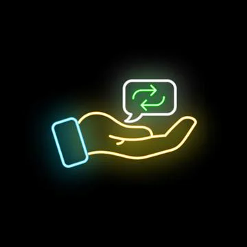 Hand giving feedback speech bubble neon icon Stock Illustration