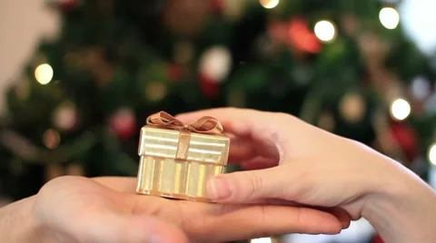 Hand giving gift in front of decorated christmas tree HD Video stock 10608298
