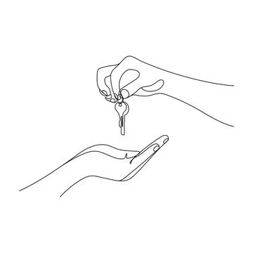 Hand giving the keys to another hand. One line art Stock Illustration