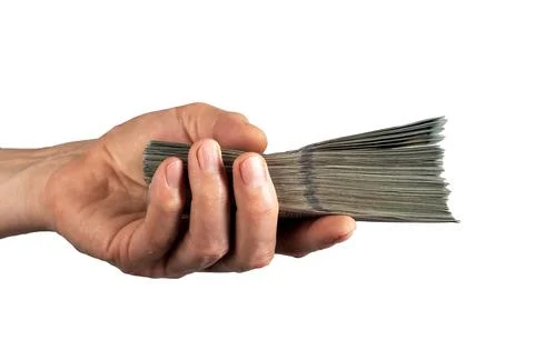 Hand giving money stack, dollar bills isolated on white background Stock Photos