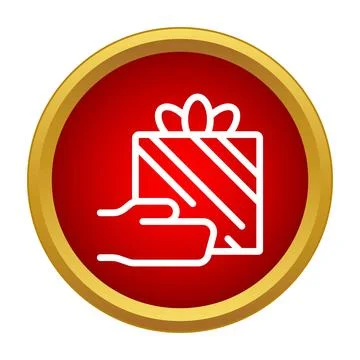 Hand giving present box in red circle icon Stock Illustration