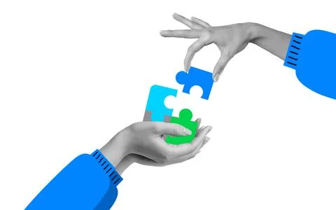 Hand giving puzzle pieces teamwork and solution concept Stock Illustration