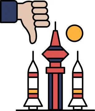 A hand is giving a thumbs down to a building with three rockets on top Illustrazione stock