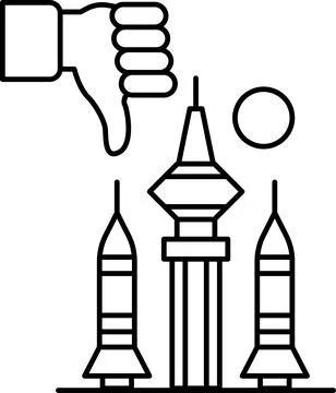 A hand is giving a thumbs down to a building with three rockets on top Illustrazione stock