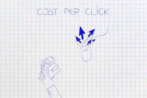 Hand giving wallet to a computer mouse with pointer arrows, cost per click Illustrazione stock