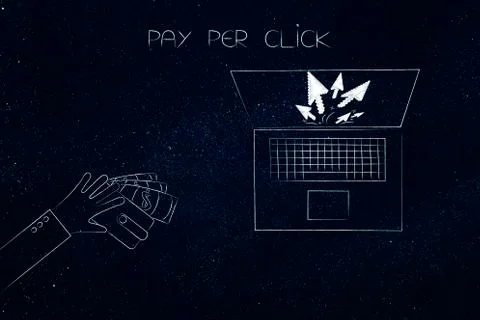 Hand giving wallet to a laptop with pointer arrows, pay per click 스톡 일러스트