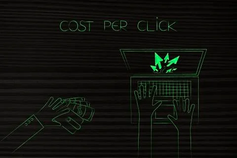Hand giving wallet to a user with pointer arrows on screen, cost per click Illustrazione stock