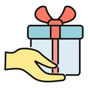Hand giving wrapped gift box with ribbon icon Stock Illustration
