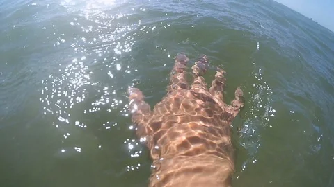 The hand glides slides on the surface of the water on a sunny day Stock Footage 94040442