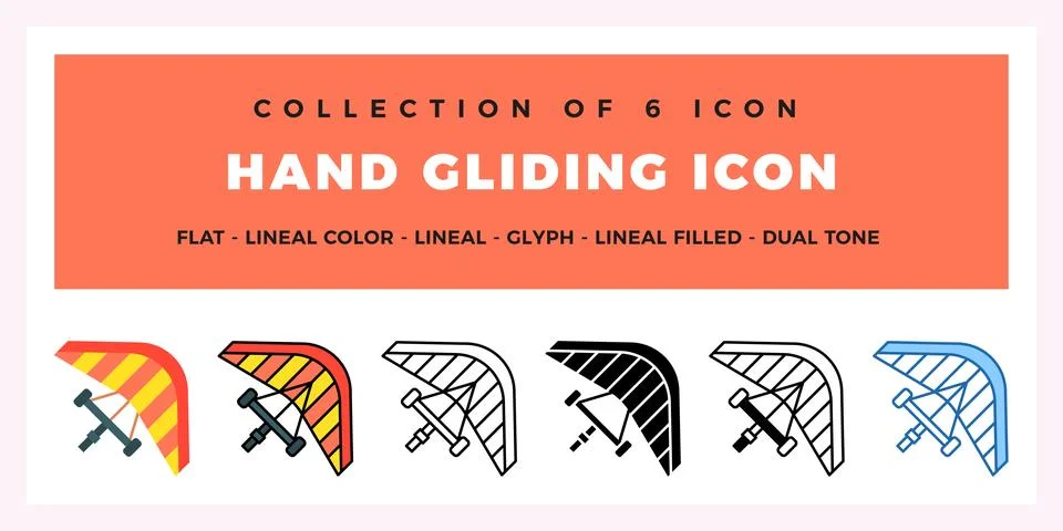 Hand Gliding Icon Set. Flat. Lineal. Glyph Styles Stock Illustration