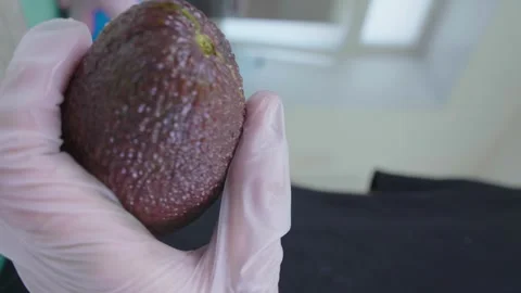 Hand with glove putting avocado on table, preparing healthy food, vegan, 4k Stock Footage 240470074