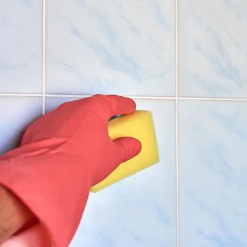 Hand in glove with sponge Stock Photos