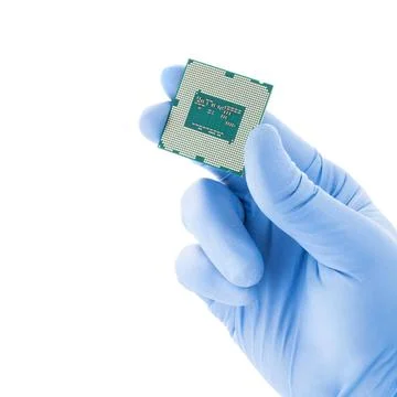  Hand in gloves holding computer s processor on a white background Hand in... Foto stock