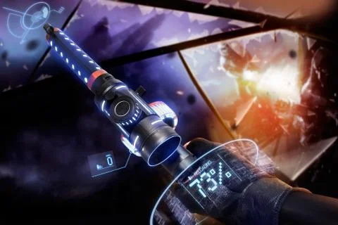 Hand in gloves holding a reloading machine-gun. Stock Photos