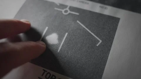 Hand going over top secret government report with UFO photo evidence of Area 51 Stockbeeldmateriaal 334044853