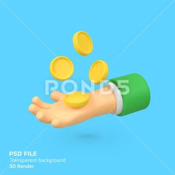 Hand with gold coins isolated 3d render icon illustration PSD Template