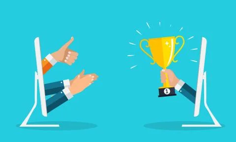 Hand with gold cup for first place from computer. Online Competition concept  Illustrazione stock
