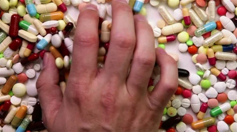 Hand grabbing many pills Stock Footage 7130663