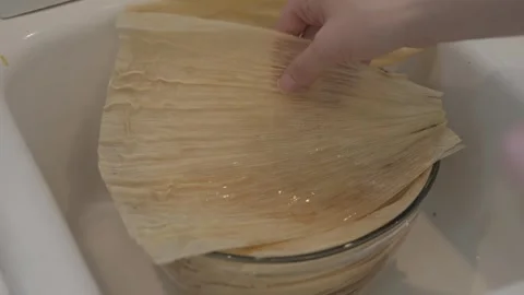 Hand grabs tamale corn husk Stock Footage 251047201