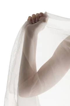 A hand gracefully holds translucent fabric, with soft light filtering through Stock Photos