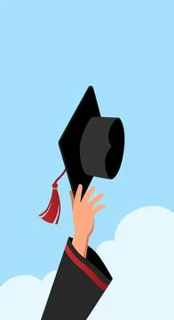 Hand graduation student with academic cap on sky background Иллюстрация